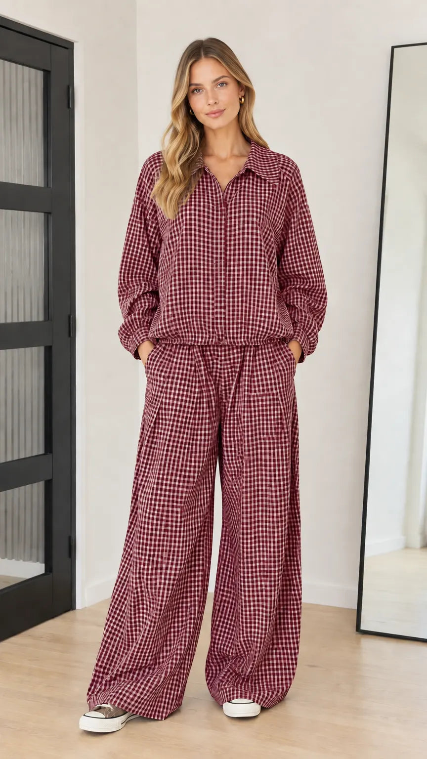 Women's Gingham Collared Long Sleeve Top and Wide-Leg Pants Two-Piece Set