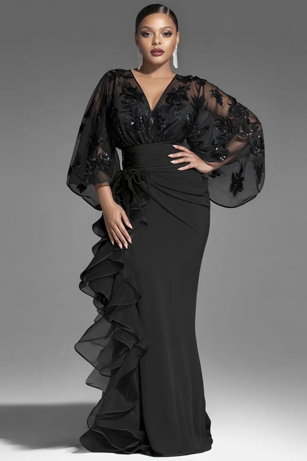 Black V Neck 3/4 Sleeve Ruffle Contrast Chiffon Maxi Dresses
