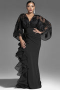 Black V Neck 3/4 Sleeve Ruffle Contrast Chiffon Maxi Dresses