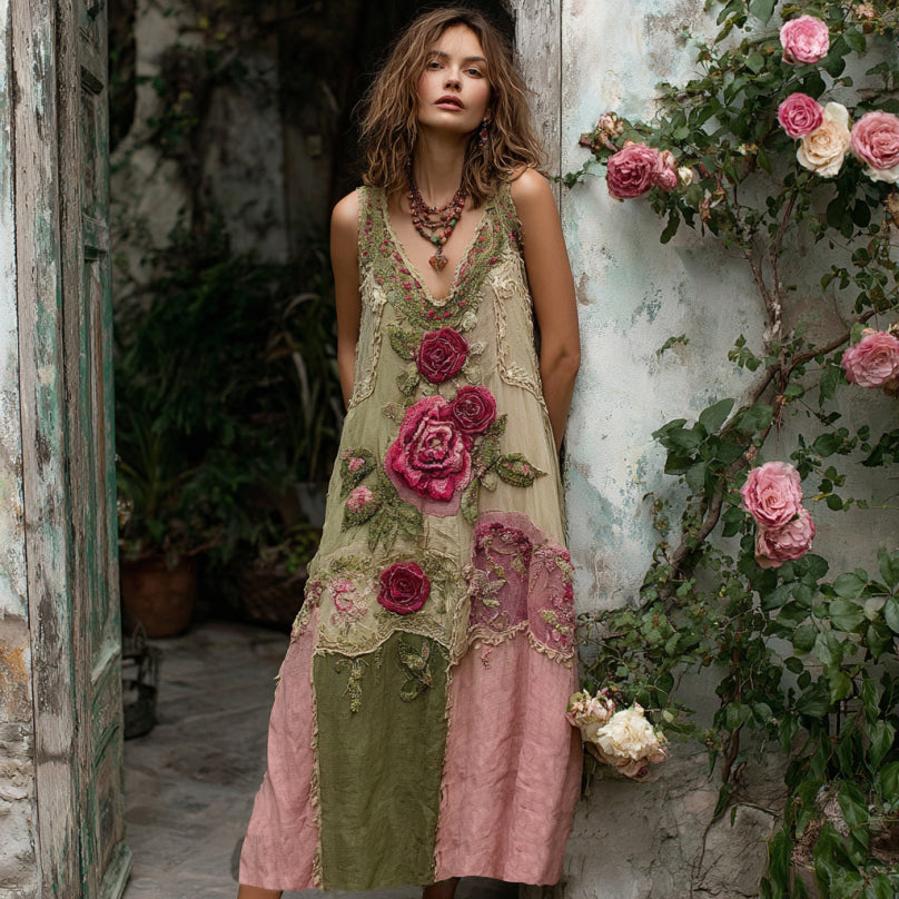 Women's Vintage Rose Art Print Linen Maxi Dress