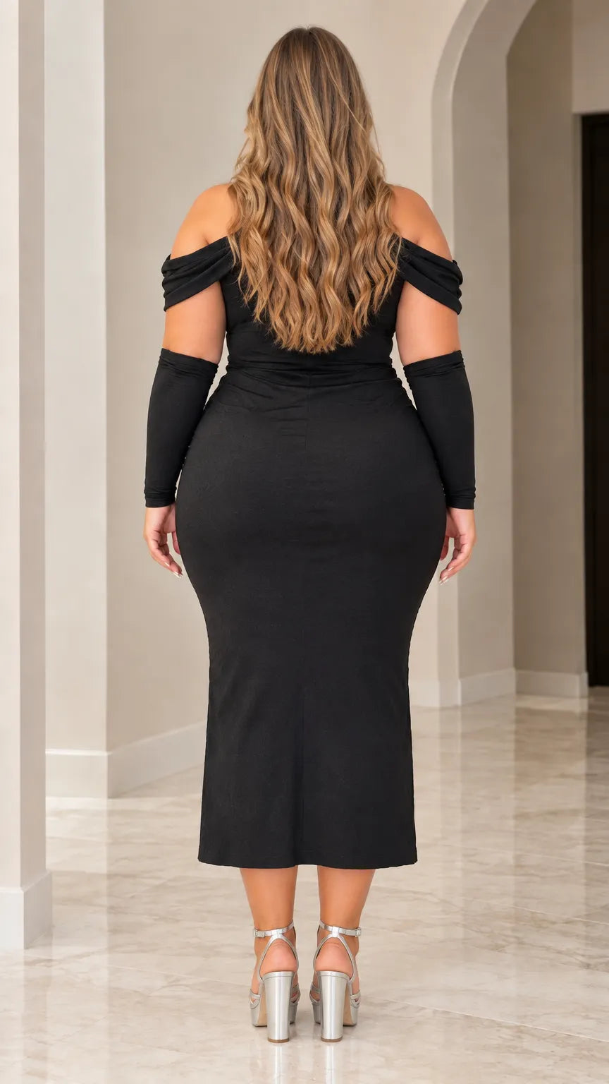 Halter Neck Cold Shoulder Ruched Bodycon Midi Dress with Matching Sleeves