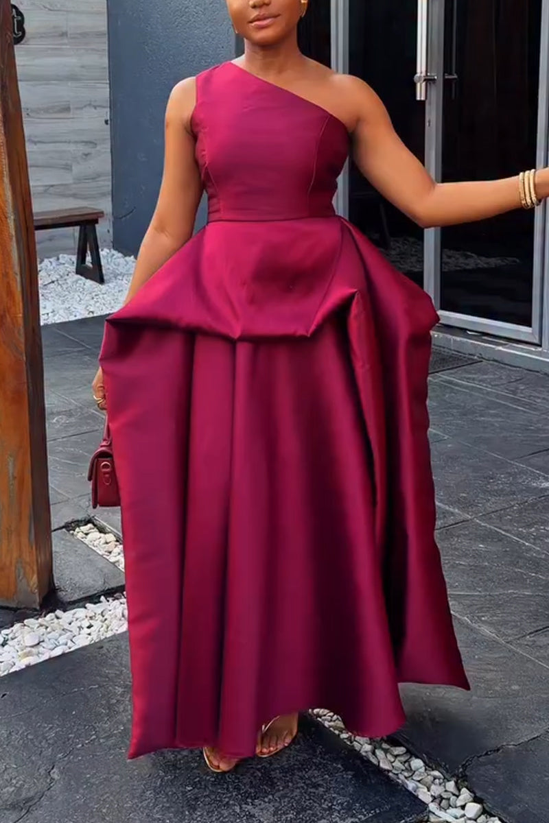 Women Oblique Shoulder Patchwork Solid Color Elegant Temperament Dress