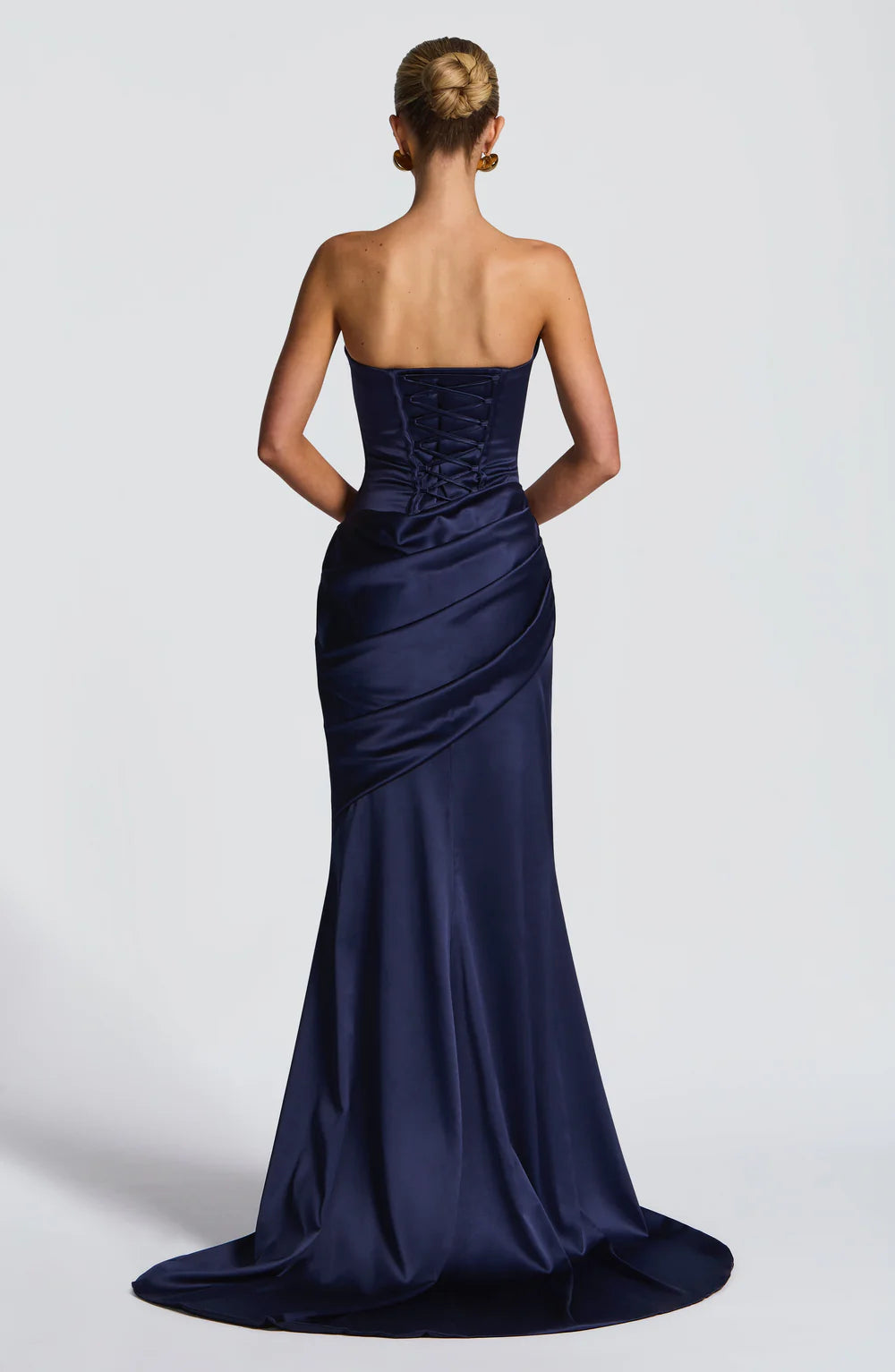 Navy Blue Satin Mermaid Evening Dress, Elegant Strapless Formal Gown with Cowl Neck & Lace Up Back