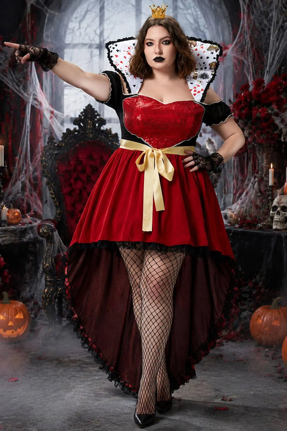 Halloween Costume Red Sparkling Queen Of Hearts Knitted Mini Dress(Ships 24h)
