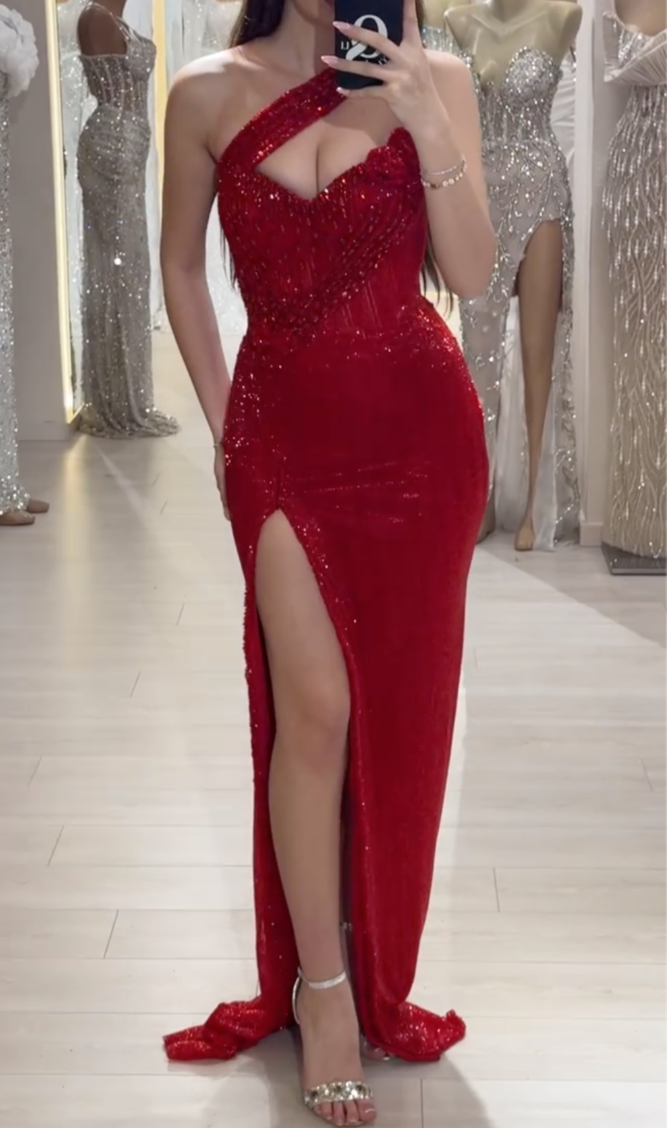 Red One-Shoulder Sequin Maxi Dress with Crystal Embellishments & High Thigh Slit