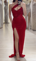 Red One-Shoulder Sequin Maxi Dress with Crystal Embellishments & High Thigh Slit