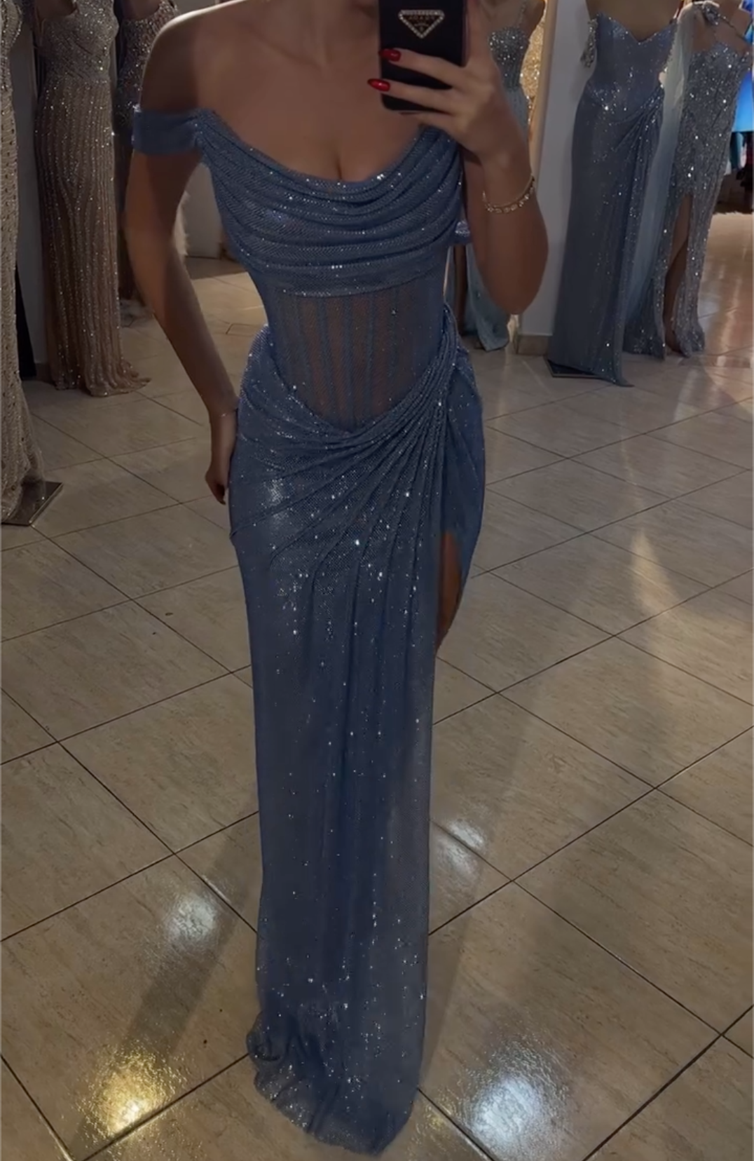 Dusty Blue Glitter Off-the-Shoulder Maxi Dress with Sheer Corset & High Thigh Slit