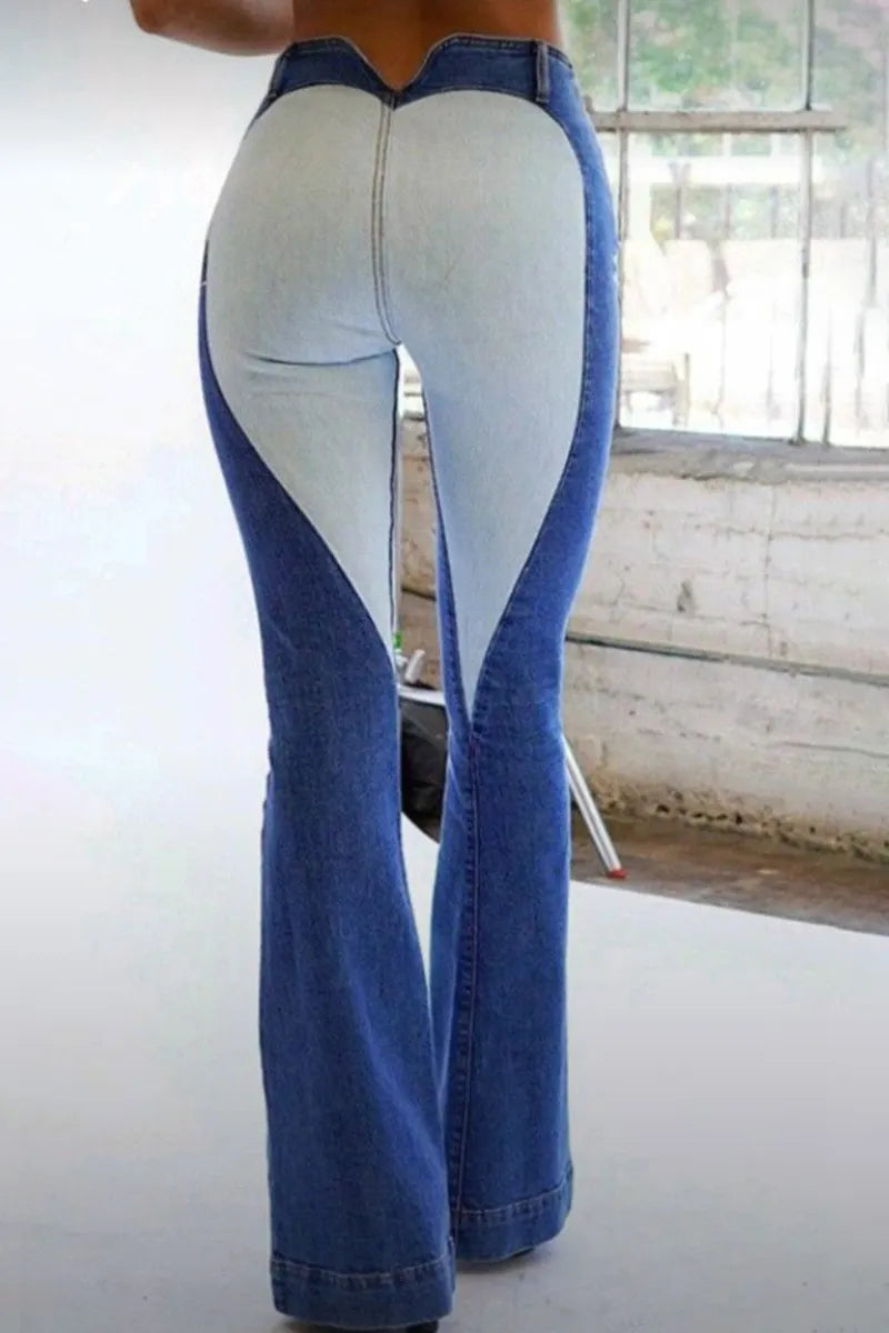 Women's Casual Heart Color Block High Waist Flare Jeans