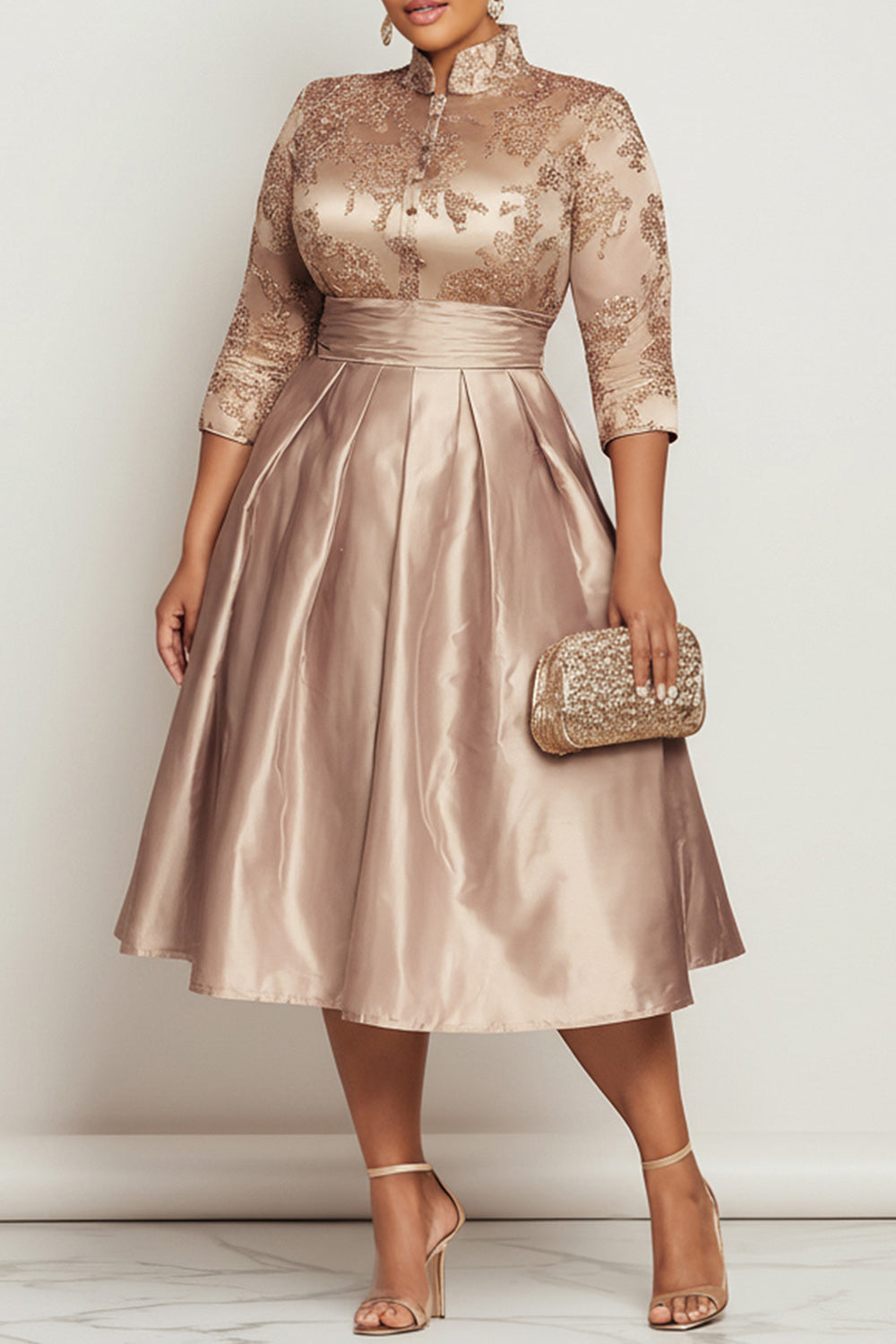 Churchs Champagne Stand-Up Collar 3/4 Sleeve Pocket Elegant Contrast Satin Midi Dresses