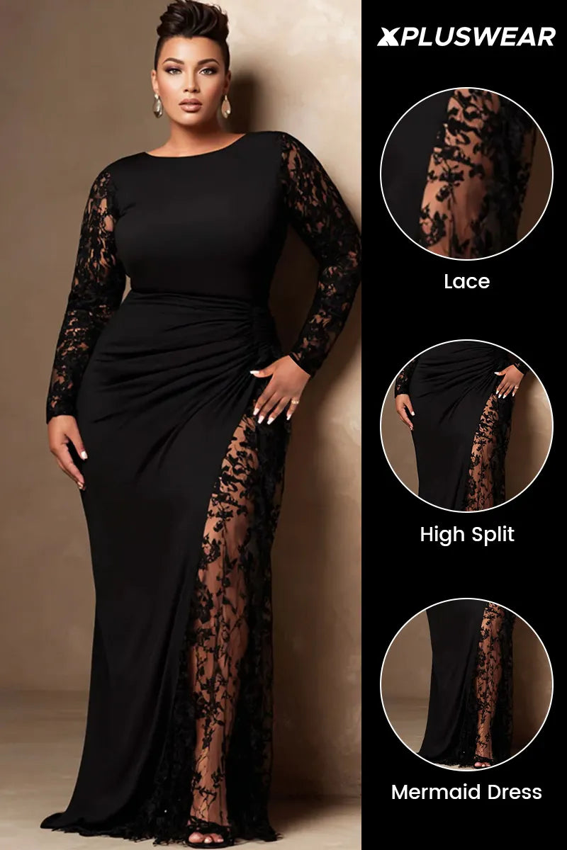 Black Round Neck Long Sleeve Contrast See Through Lace Maxi Dresses