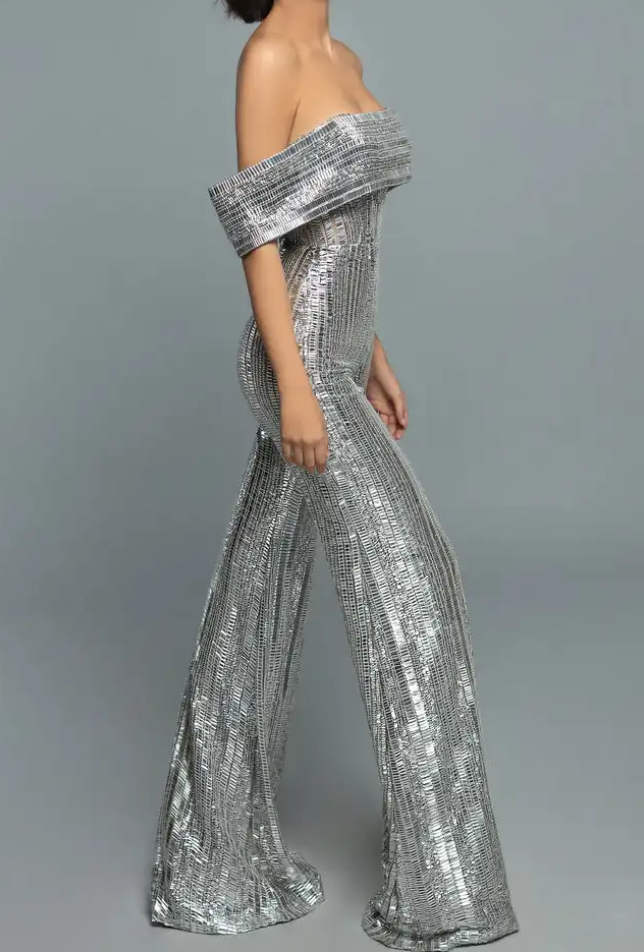 Silver Metallic Off-Shoulder Flared Leg Jumpsuit