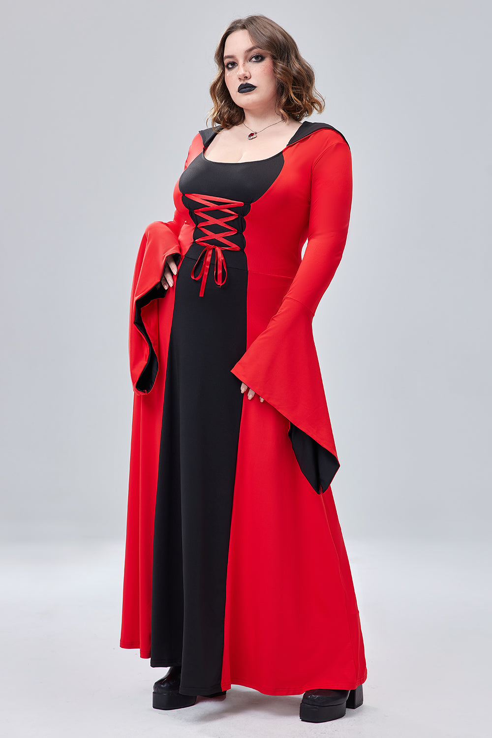 Halloween Costume Red Hooded Lace Up Witches Trumpet Sleeve Knitted Maxi Dress(Ships 24h)