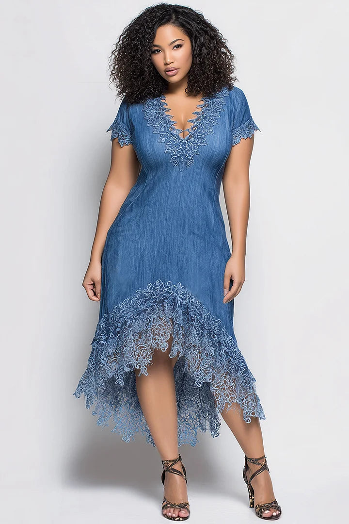 Xpluswear Design Plus Size Vacation Lace Blue V Neck Short Sleeve Contrast Asymmetric Hem Irregular Hem Tencel Denim Midi Dresses