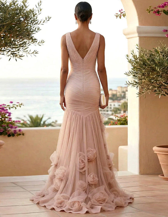 Solid Color V-neck 3D Rose Mesh Maxi Dress