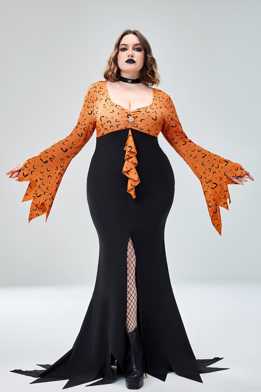 Halloween Costume Orange Bat Print Evil Queen Knitted Maxi Dress(Ships 24h)