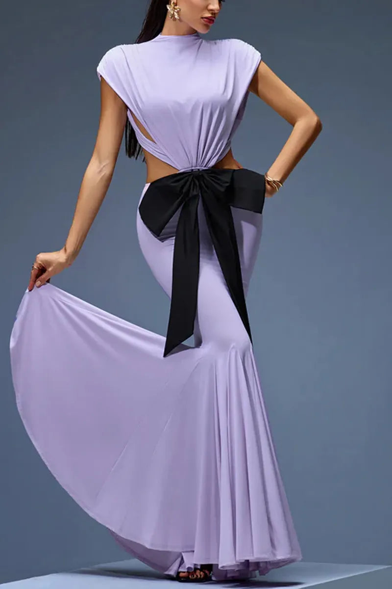 Women Lavender High Neck Cap Sleeve Cutout Waist Black Bow Mermaid Maxi Dress