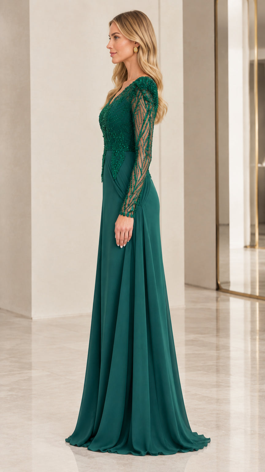 Sequin Beaded Long Sleeve V-Neck Wide-Leg Formal Evening Jumpsuit