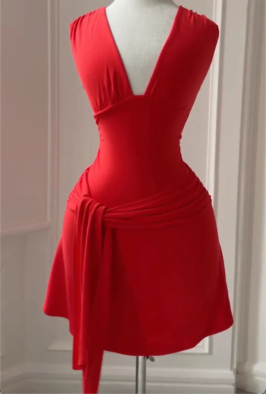 Deep V Cap Sleeve Ruched Tie Waist Mini Flare Dress, Pale Yellow & Red Slim Party Evening Gown