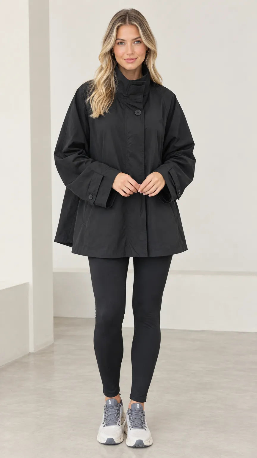 Women's Stand Collar A-Line Swing Trench Jacket with Back Flap