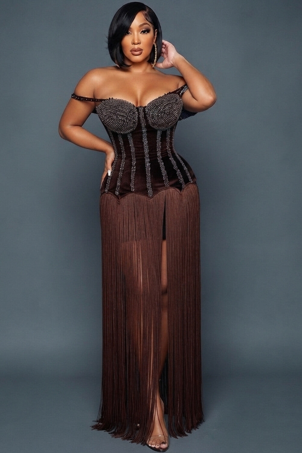 Off Shoulder Rhinestone Fringe Hem Lace-Up Maxi Dresses-Brown [Pre Order]
