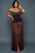 Off Shoulder Rhinestone Fringe Hem Lace-Up Maxi Dresses-Brown [Pre Order]