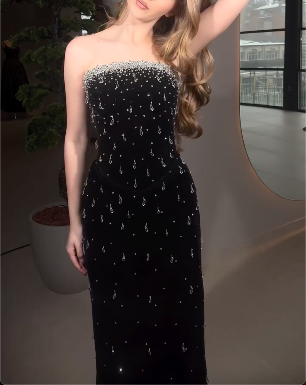Black Strapless Maxi Dress with Teardrop Crystal Beading & Velvet Fabric