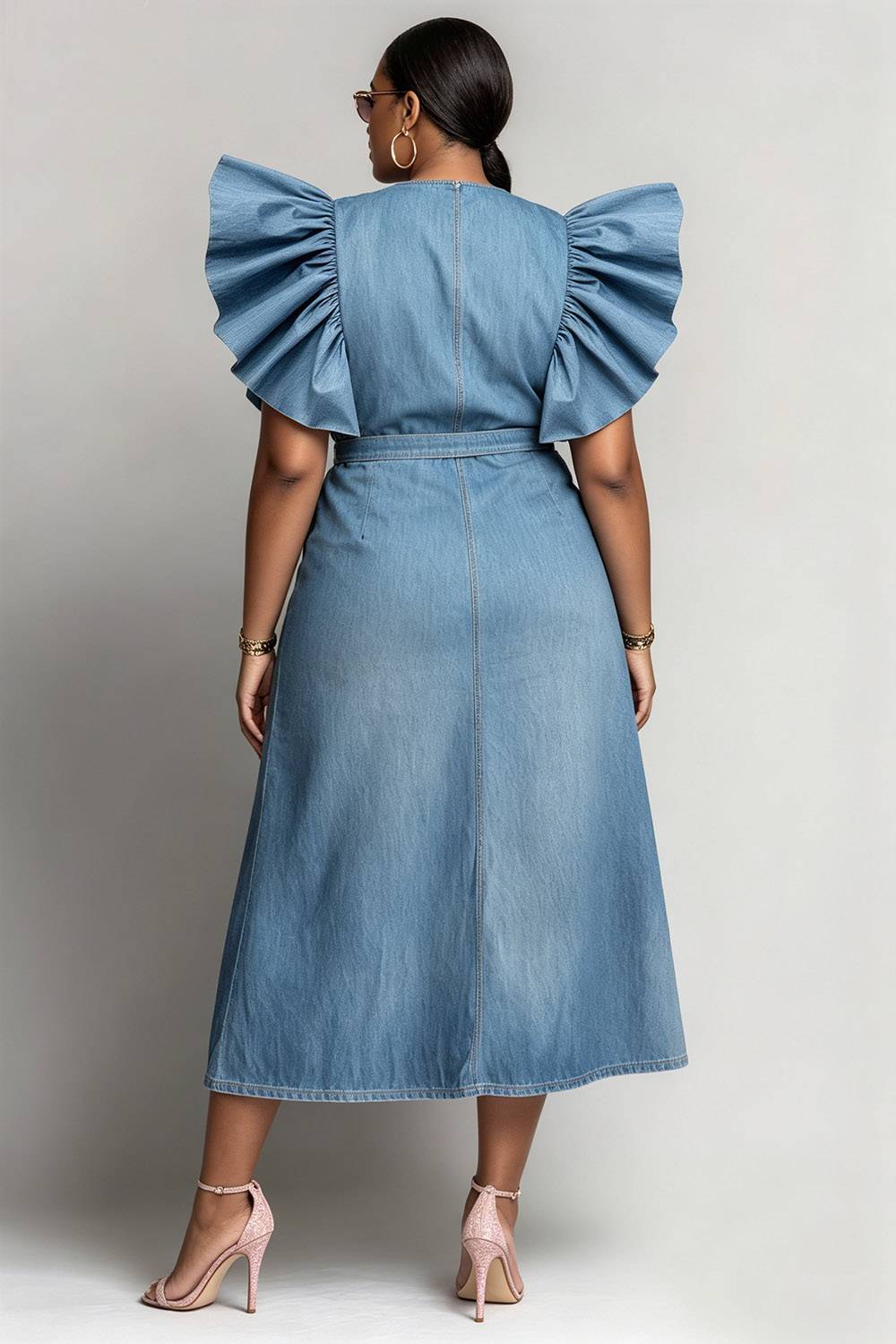 Xpluswear Design Plus Size Business Casual Light Blue Round Neck Flutter Sleeve Short Sleeve Pocket Tencel Denim Midi Dresses