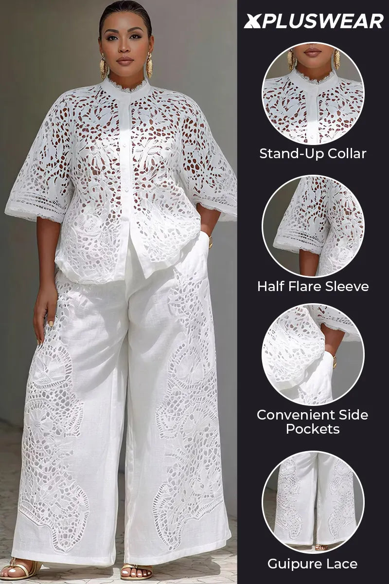 Vacation White Stand-Up Collar Flare Half Sleeve Cut Out Pocket Guipure Lace Two Piece Pant Sets
