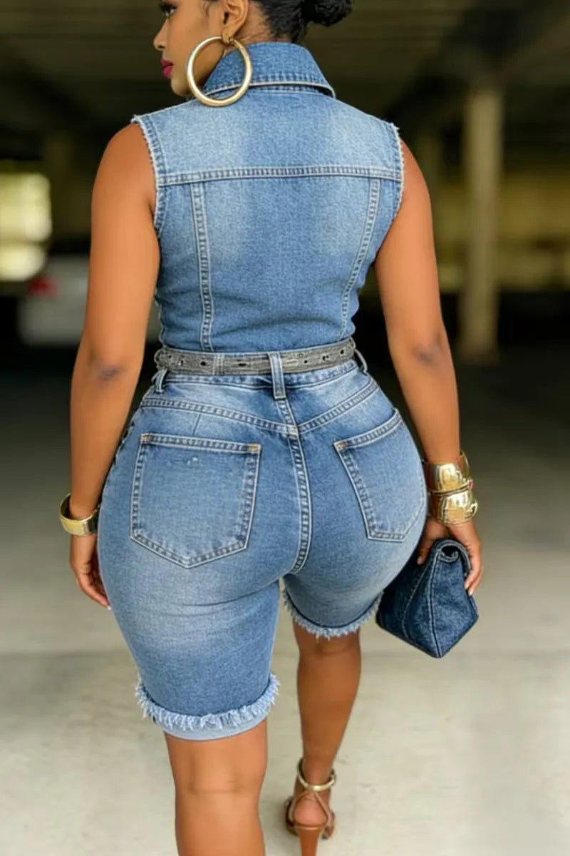 Women's Sleeveless Collared Denim Jumpsuit With Belt Ripped Knee Shorts