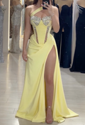 Pale Yellow One-Shoulder Maxi Dress with Crystal Embellished Bodice & High Thigh Slit
