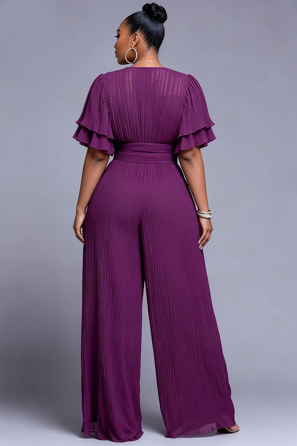 Business Casual Purple V Neck Short Sleeve Pleated Pocket Chiffon Jumpsuits
