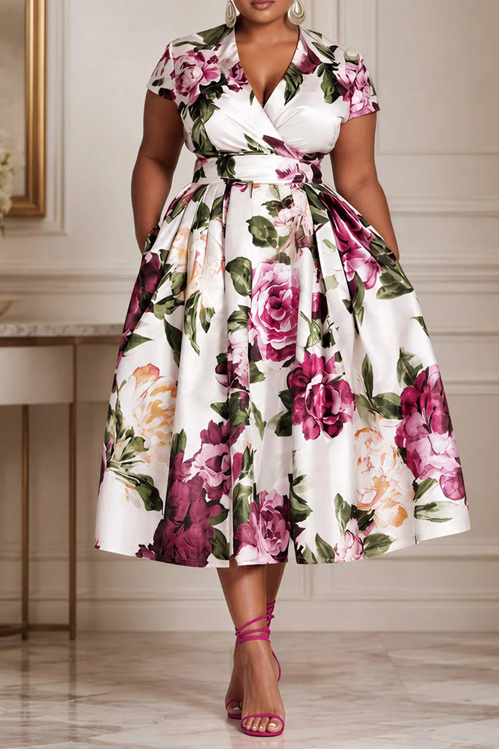 Wedding Guest Elegant Pink Floral Wrap Neck Short Sleeve Pocket Satin Midi Dresses [Pre-Order]
