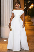 Off Shoulder Cinch Waist Ruffle Trim Hem Gowns Maxi Dresses-White [Pre Order]