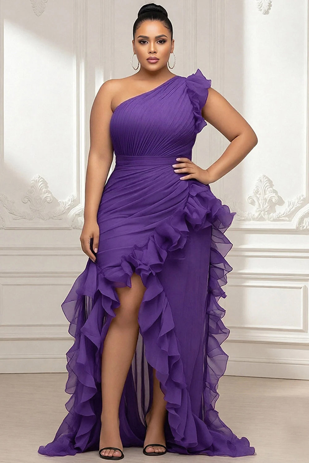 Black Oblique Collar One Shoulder Ruffle Split Chiffon Maxi Dresses