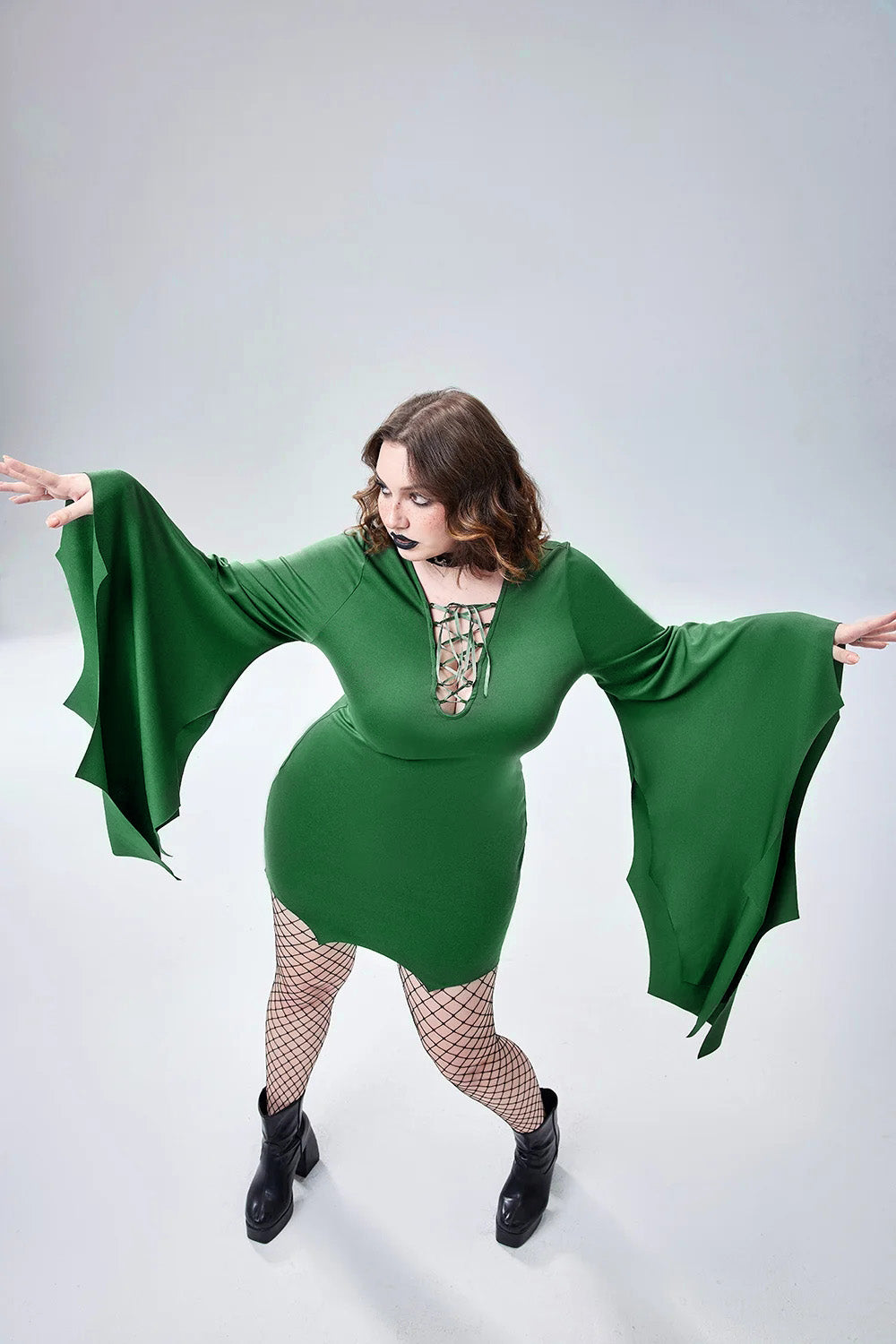 Halloween Costume Green Bats Lace Up Trumpet Sleeve Mini Dress(Ships 24h)