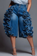 Xpluswear Design Plus Size Party Blue Ruffle Pocket Denim Jeans