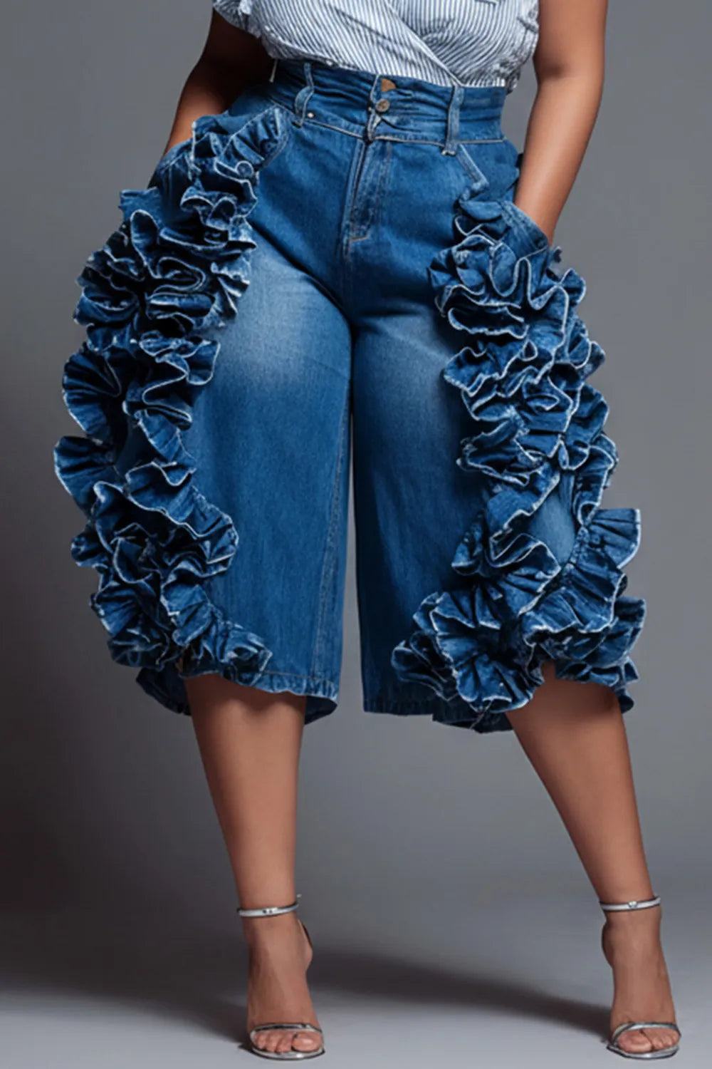 Xpluswear Design Plus Size Party Blue Ruffle Pocket Denim Jeans