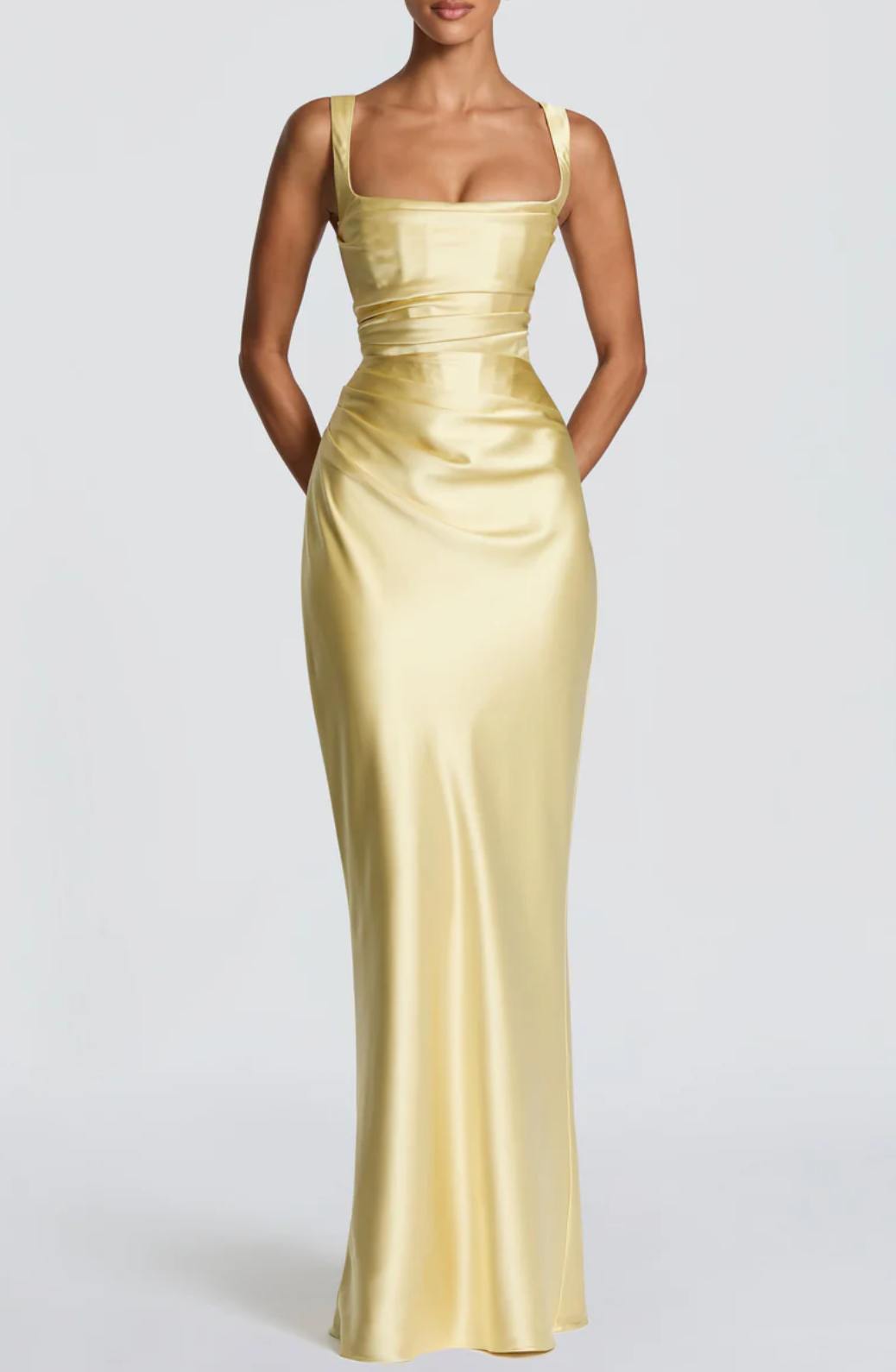 Champagne Yellow Satin Formal Maxi Dress Collection - Elegant Evening Gown for Weddings & Prom