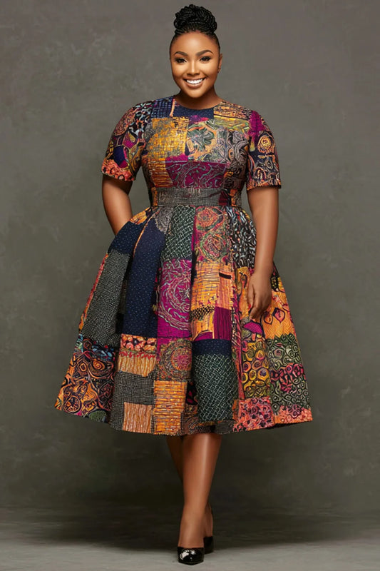 Daily Multicolor Ankara Round Neck Short Sleeve Pocket Midi Dresses