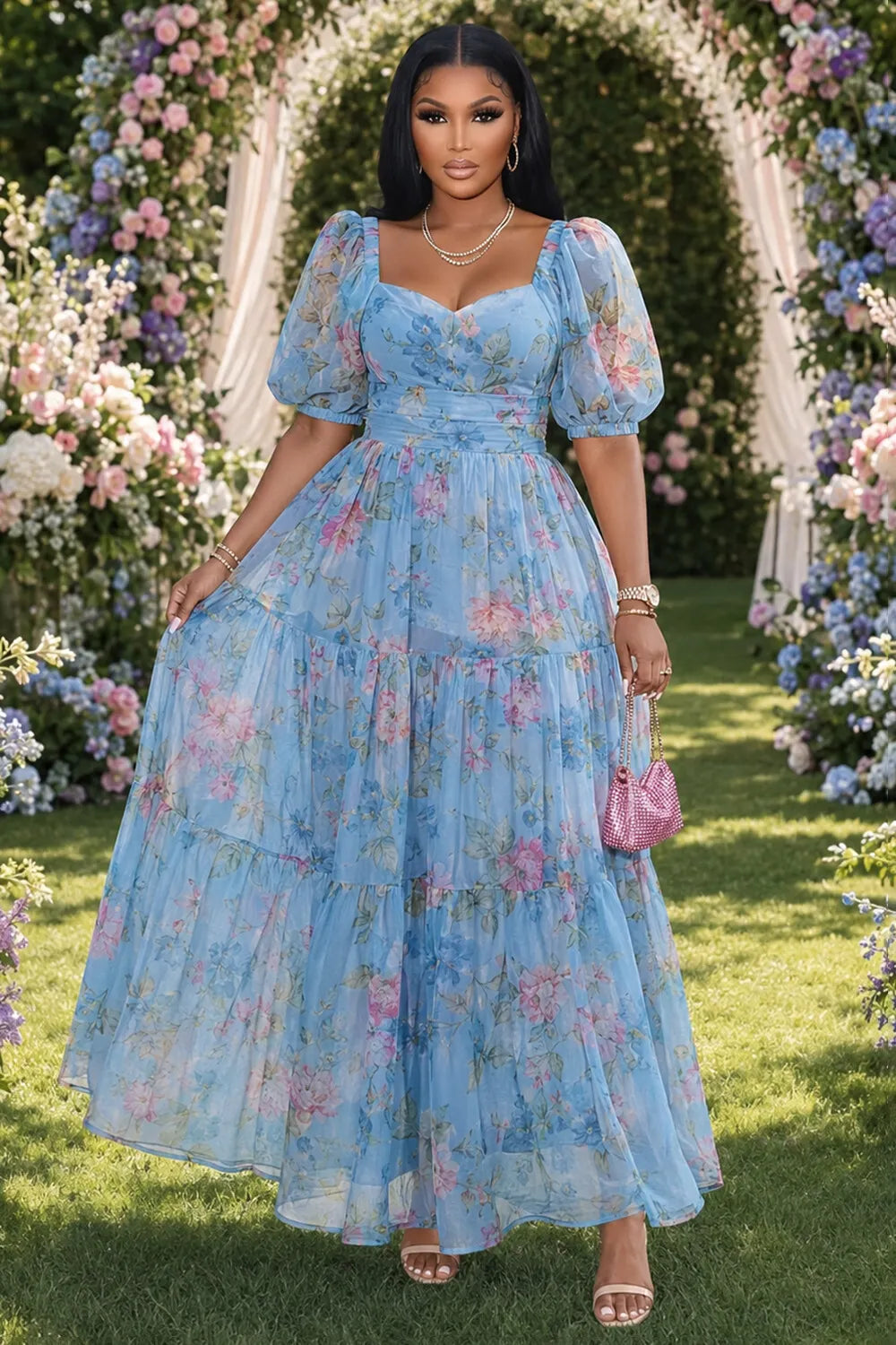 Floral Sweetheart Neck Puff Sleeve Cinch Waist Maxi Dresses-Blue [Pre Order]