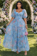 Floral Sweetheart Neck Puff Sleeve Cinch Waist Maxi Dresses-Blue [Pre Order]