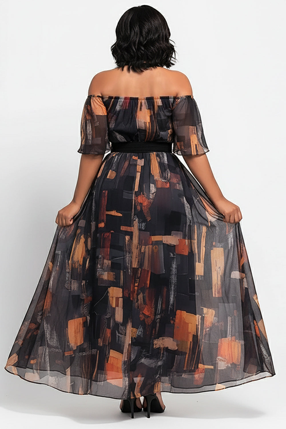 Vacation Black Graphic Halter Collar Cold Shoulder Short Sleeve Split Cut Out Maxi Dresses