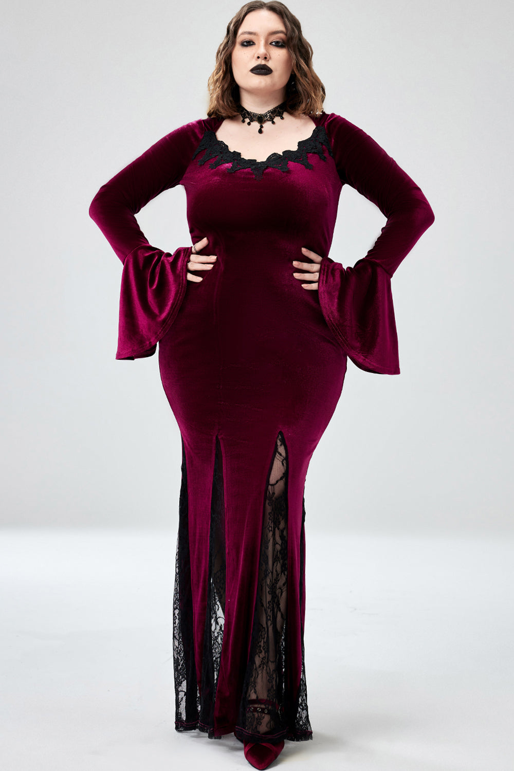 Halloween Costume Burgundy Witches Gothic V-Neck Trumpet Sleeve Velvet Lace Maxi Dress(Ships 24h)