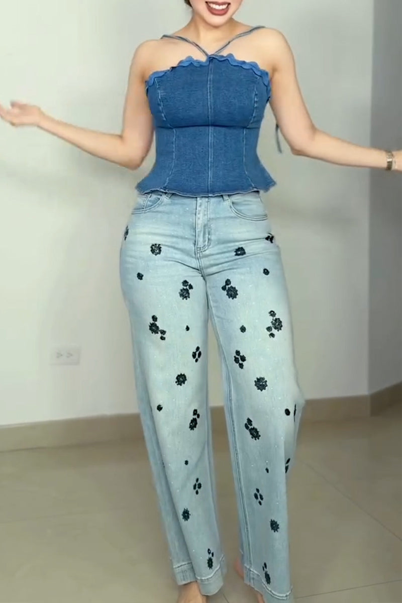 Women's Casual Halter Denim Vest or Shiny Jeans