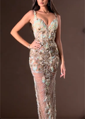 Nude Beaded Sheer Mermaid Maxi Dress