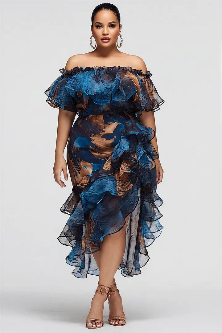 Cocktail Party Blue Graphic Off The Shoulder Ruffle Tiered Chiffon Midi Dresses