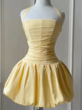 Halter Strap Square Neck Ruched Bubble Hem Mini Dress, Pale Yellow Sweet Party Evening Gown