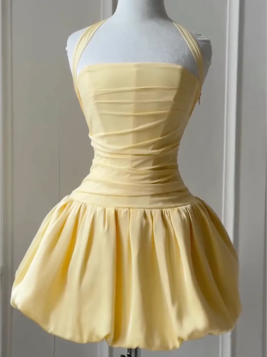 Halter Strap Square Neck Ruched Bubble Hem Mini Dress, Pale Yellow Sweet Party Evening Gown