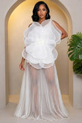 3D Floral One Shoulder Pleated Mesh Maxi Dresses-White [Pre Order]