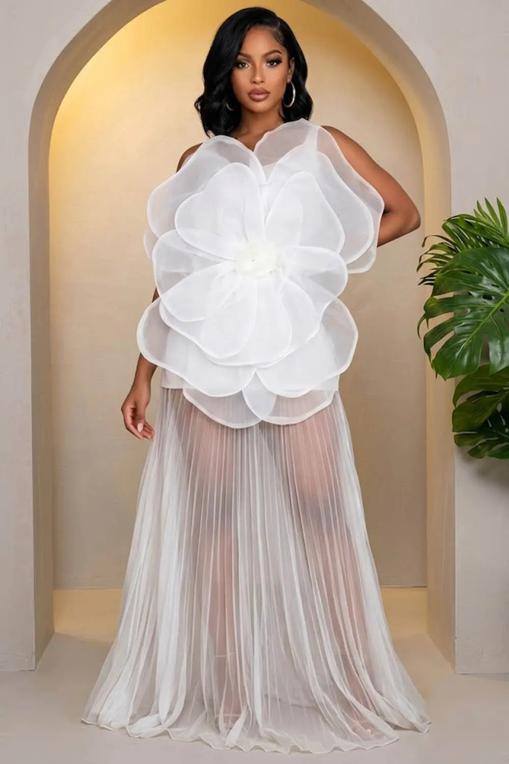 3D Floral One Shoulder Pleated Mesh Maxi Dresses-White [Pre Order]